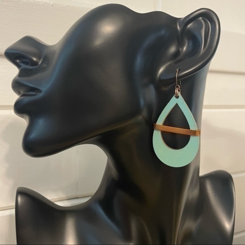 2/$29 Handmade Wood Teardrop Hoop & Molded Copper 2.5” Statement Earrings